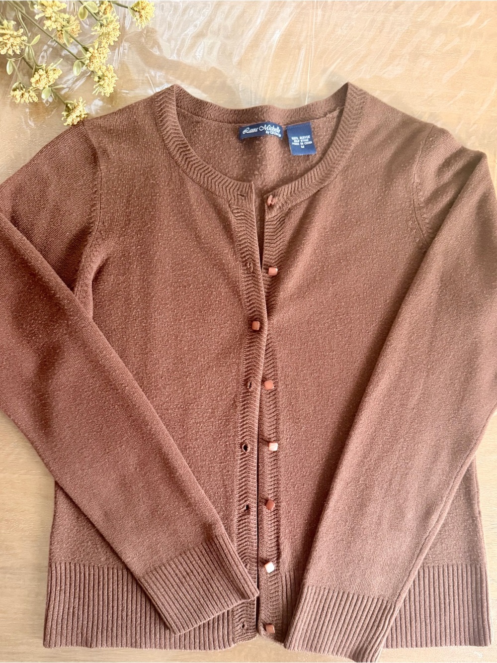 Laura Michelle - Chestnut Brown Crewneck Button-Front Cardigan